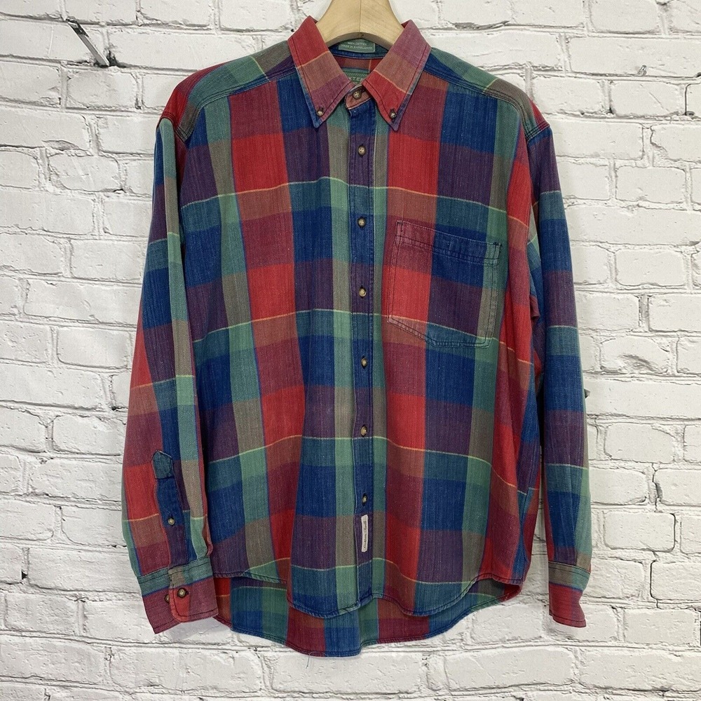 Baxter Brand Mens Cotton Twill Madras Plaid Button Down‎ Shirt Size L Vintage